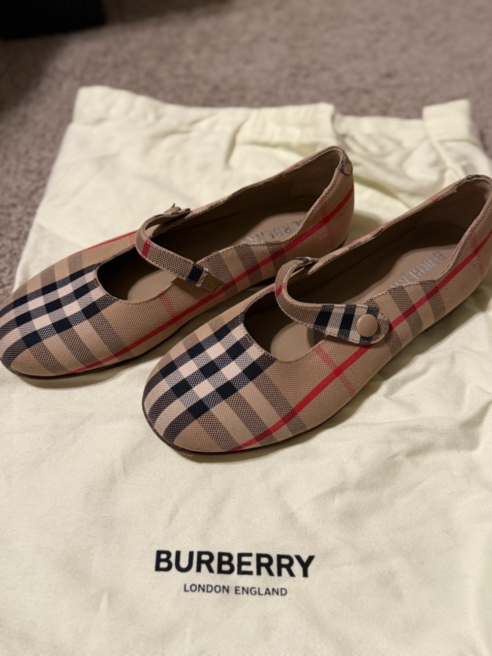 Burberry Beige Plaid Girls Mary Jane Flats with Red Stripe
